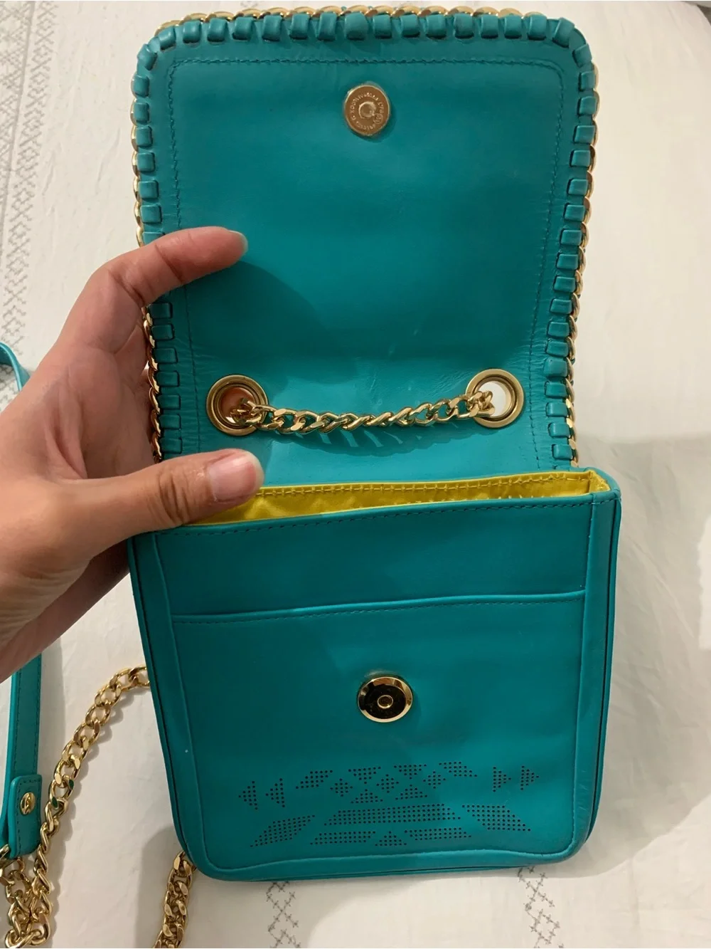 henri bendel Turquoise Perforated Crossbody with Gold Chain Trim